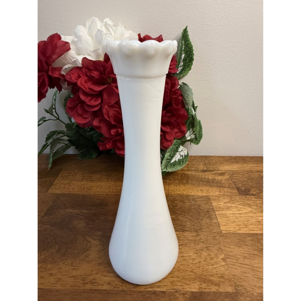 Vintage Milk Glass Vase –‎ Scalloped Rim White Mid Century Wedding Decor Retro